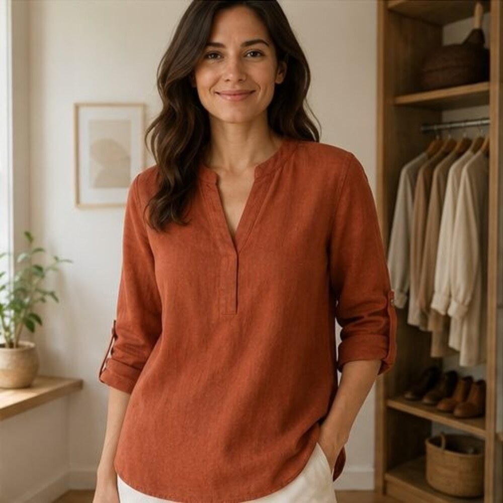 Rust Split Neck Tunic Blouse - Picture 2 of 6